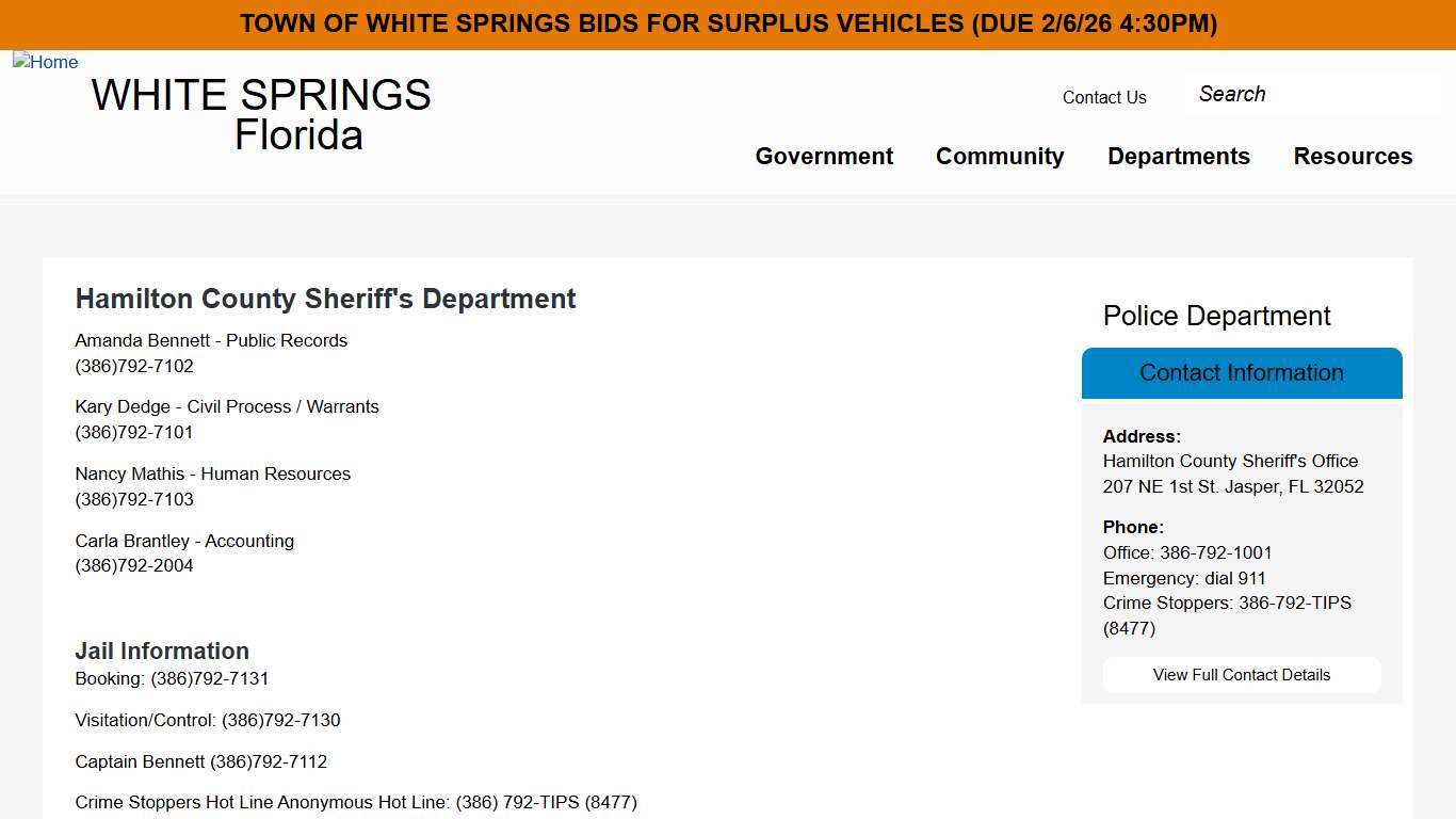 Hamilton County Sheriff's Department | White Springs Florida