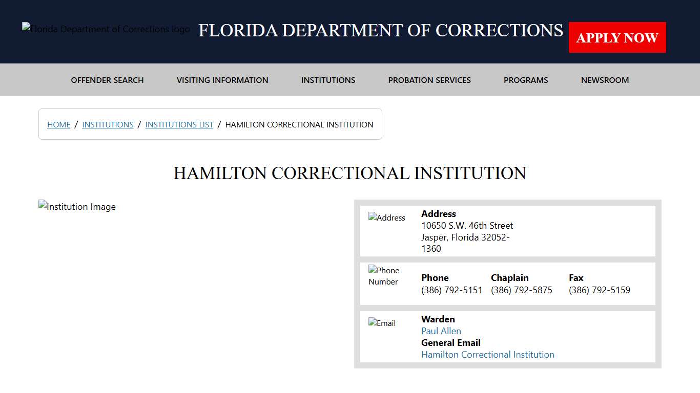 Hamilton Correctional Institution / Institutions List / Institutions - Florida Department of Corrections